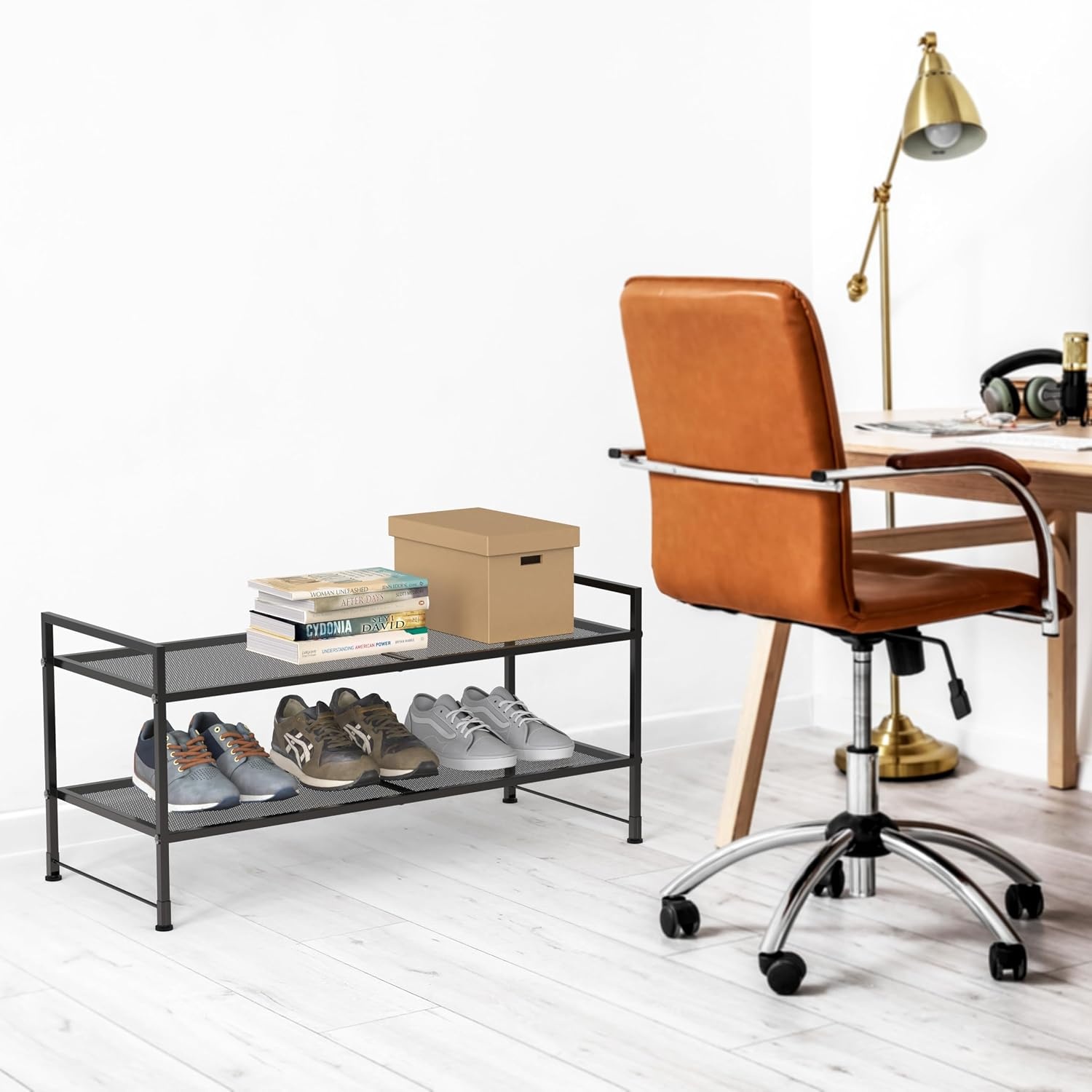 image:imageSimple Houseware 2Tier Stackable Wired Grid Shoe Rack BlackMesh Panel