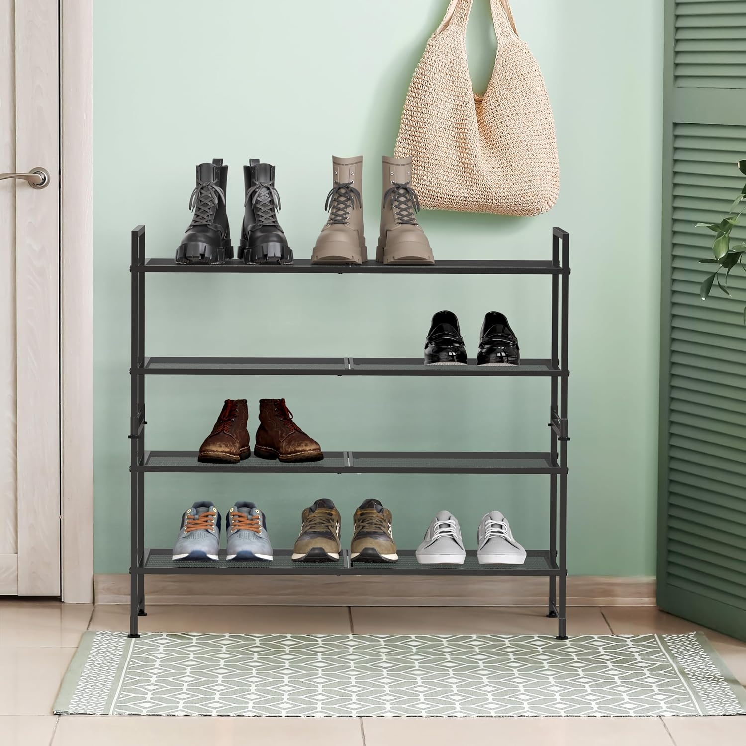 image:imageSimple Houseware 2Tier Stackable Wired Grid Shoe Rack BlackMesh Panel
